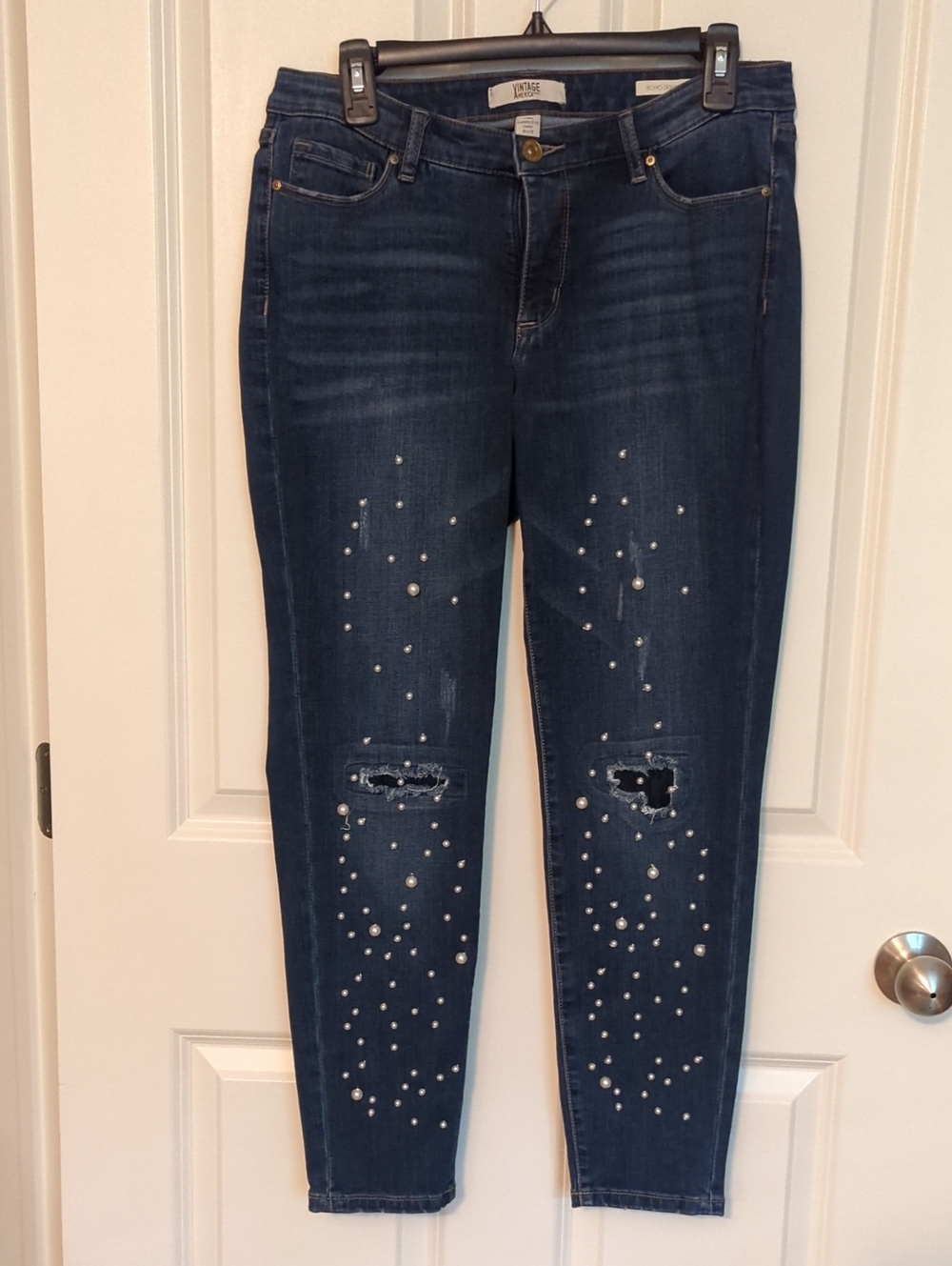Vintage America Blues Dark Blue Pearl-Studded Distressed Skinny Jeans